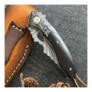 Outdoor Camping Folding Pocket Knife - Damascus Blade, Curved Dark Handle - Style 5024
