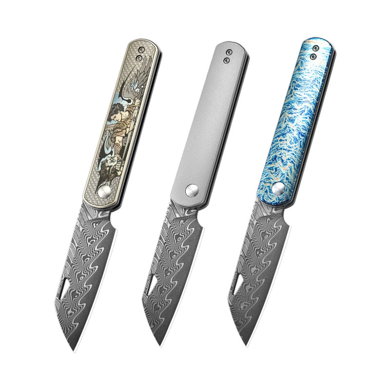 Outdoor Camping Folding Pocket Knife - Damascus Pattern Steel, Titanium Handle - Pocket Utility Tool - Style 7420 Outdoor Camping Folding Pocket Knife - Damascus Pattern Steel, Titanium Handle - Pocket Utility Tool - Style 7420