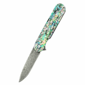 Outdoor Camping Folding Pocket Knife - Blue Pattern Handle, Damascus Blade - Style 6874