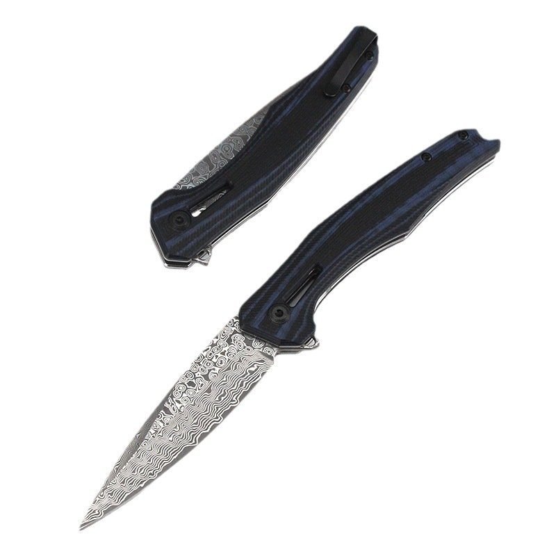 Black and Blue Damascus Outdoor Folding Knife Black and Blue Damascus Outdoor Folding Knife