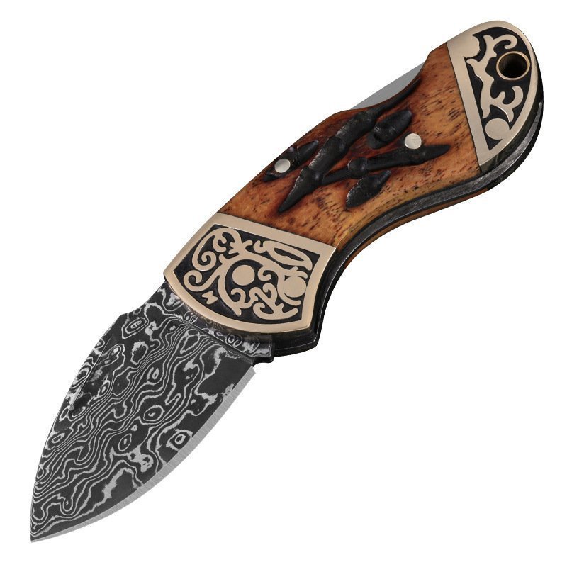 Damascus folding knife carved copper head mini keychain home multifunctional Damascus folding knife carved copper head mini keychain home multifunctional