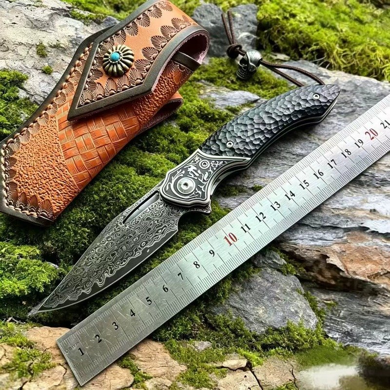 Hammered Outdoor Folding Knife With Leather Sheath Hammered Outdoor Folding Knife With Leather Sheath