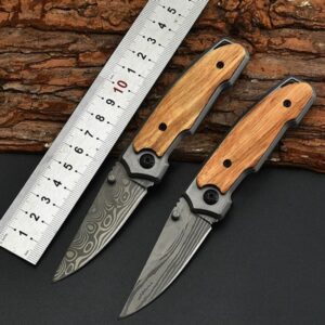 Wood Damascus Style Outdoor EDC Folding Knife