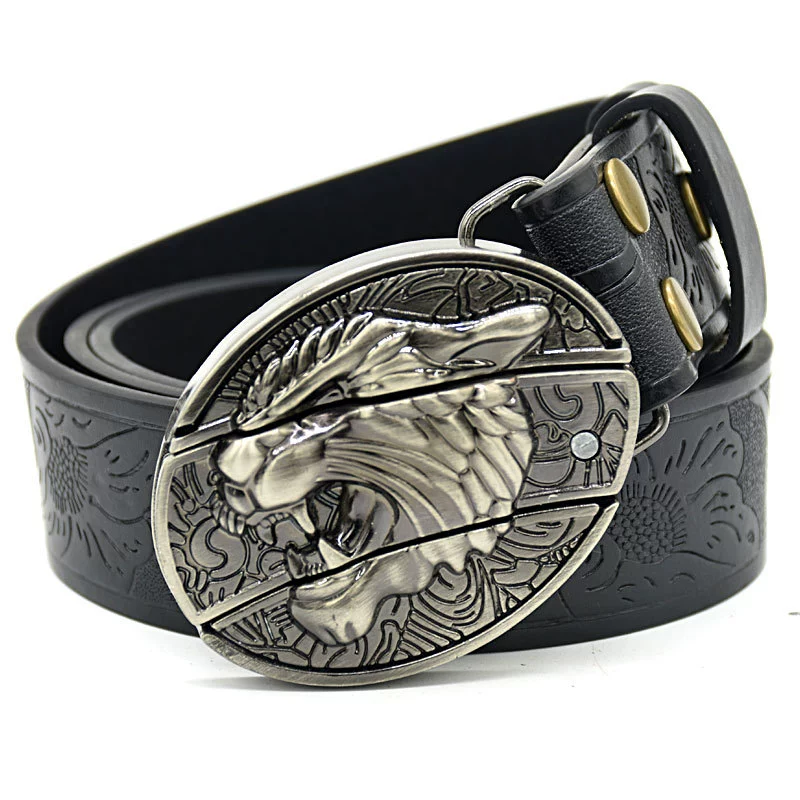 08db8327a8f610c82359b21562647cb.png Belt Buckle Pocket Knife-Tiger Head Knife Buckle Embossed Black