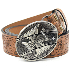 Belt Buckle Knife-Large Cross Knife Buckle Embossed Brown