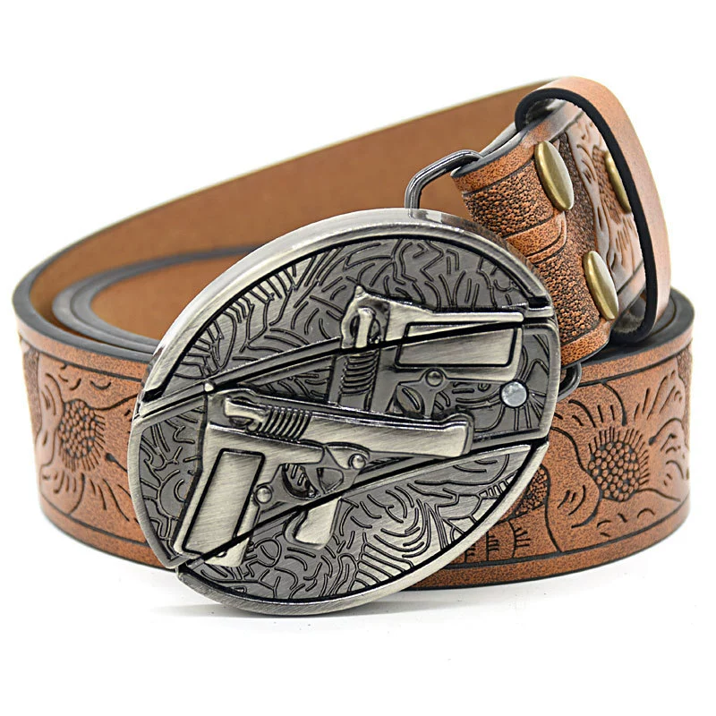 476c33f87a60acc22dae6ef6fe94686.png Belt Buckle Knife-Double Gun Buckle Embossed Brown