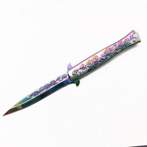 Titanium Rose Engraved Stiletto Knife – Color Finish Design